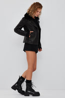 Brooklyn Women's Black Fur Collar Biker Leather Jacket | Derimod Brooklyn Women's Black Fur Collar Biker Leather Jacket | Derimod