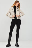 London Women's Beige Biker Leather Jacket | Derimod London Women's Beige Biker Leather Jacket | Derimod