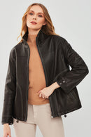 Evita Women's Black Oversize Leather Jacket | Derimod Evita Women's Black Oversize Leather Jacket | Derimod