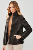 Evita Women's Black Oversize Leather Jacket | Derimod Evita Women's Black Oversize Leather Jacket | Derimod