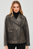 Delano Kadın Gri Vintage Oversize Biker Deri Ceket | Derimod Delano Kadın Gri Vintage Oversize Biker Deri Ceket | Derimod
