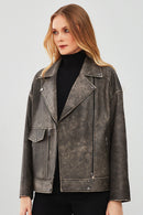 Delano Kadın Gri Vintage Oversize Biker Deri Ceket | Derimod Delano Kadın Gri Vintage Oversize Biker Deri Ceket | Derimod