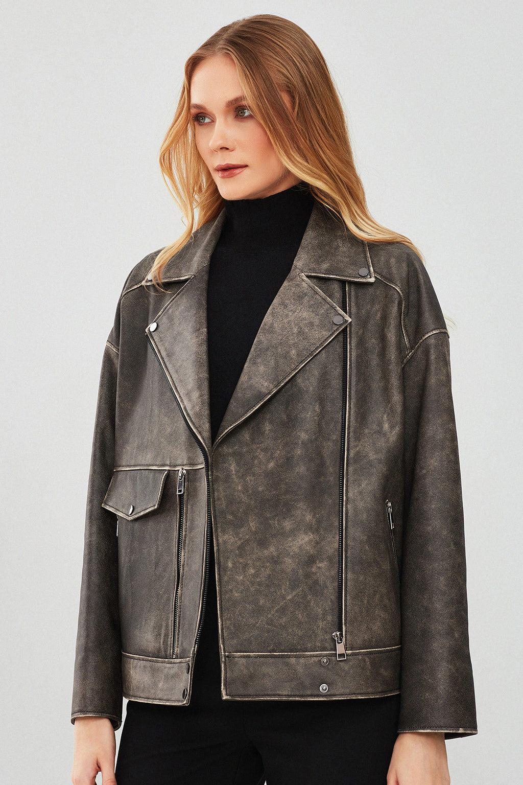 Delano Kadın Gri Vintage Oversize Biker Deri Ceket