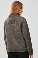 Delano Kadın Gri Vintage Oversize Biker Deri Ceket | Derimod Delano Kadın Gri Vintage Oversize Biker Deri Ceket | Derimod