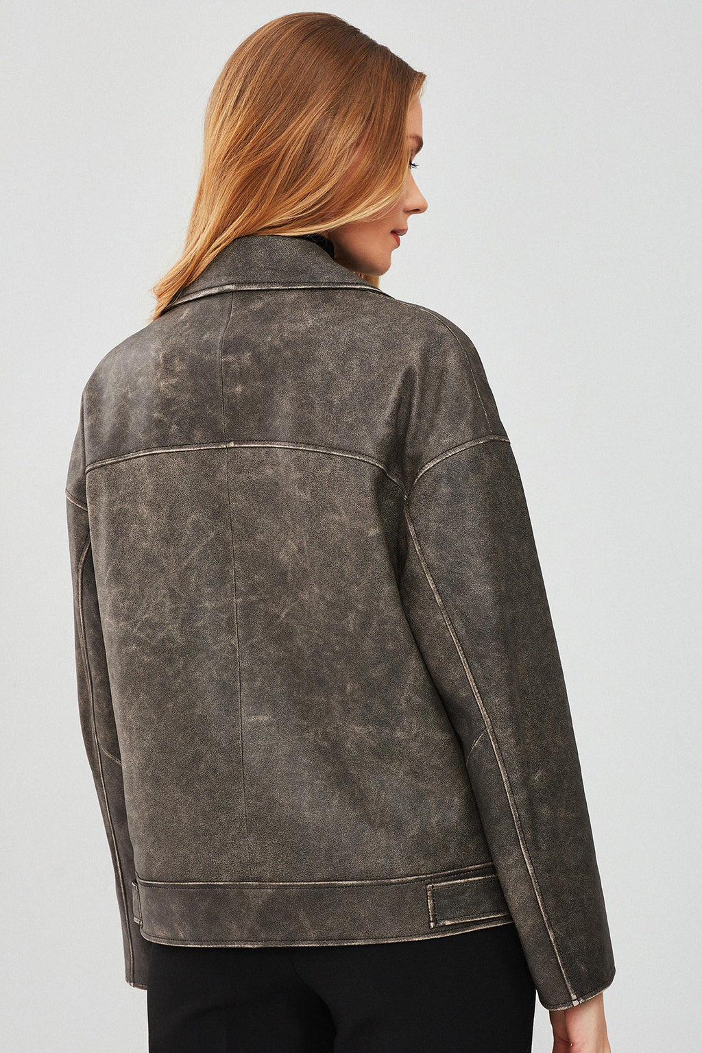 Delano Kadın Gri Vintage Oversize Biker Deri Ceket