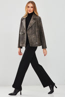Delano Kadın Gri Vintage Oversize Biker Deri Ceket | Derimod Delano Kadın Gri Vintage Oversize Biker Deri Ceket | Derimod