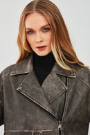 Delano Kadın Gri Vintage Oversize Biker Deri Ceket | Derimod Delano Kadın Gri Vintage Oversize Biker Deri Ceket | Derimod