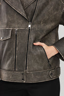 Delano Kadın Gri Vintage Oversize Biker Deri Ceket | Derimod Delano Kadın Gri Vintage Oversize Biker Deri Ceket | Derimod