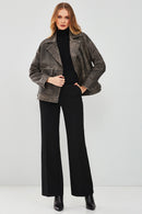 Delano Kadın Gri Vintage Oversize Biker Deri Ceket | Derimod Delano Kadın Gri Vintage Oversize Biker Deri Ceket | Derimod