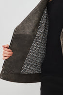 Delano Kadın Gri Vintage Oversize Biker Deri Ceket | Derimod Delano Kadın Gri Vintage Oversize Biker Deri Ceket | Derimod