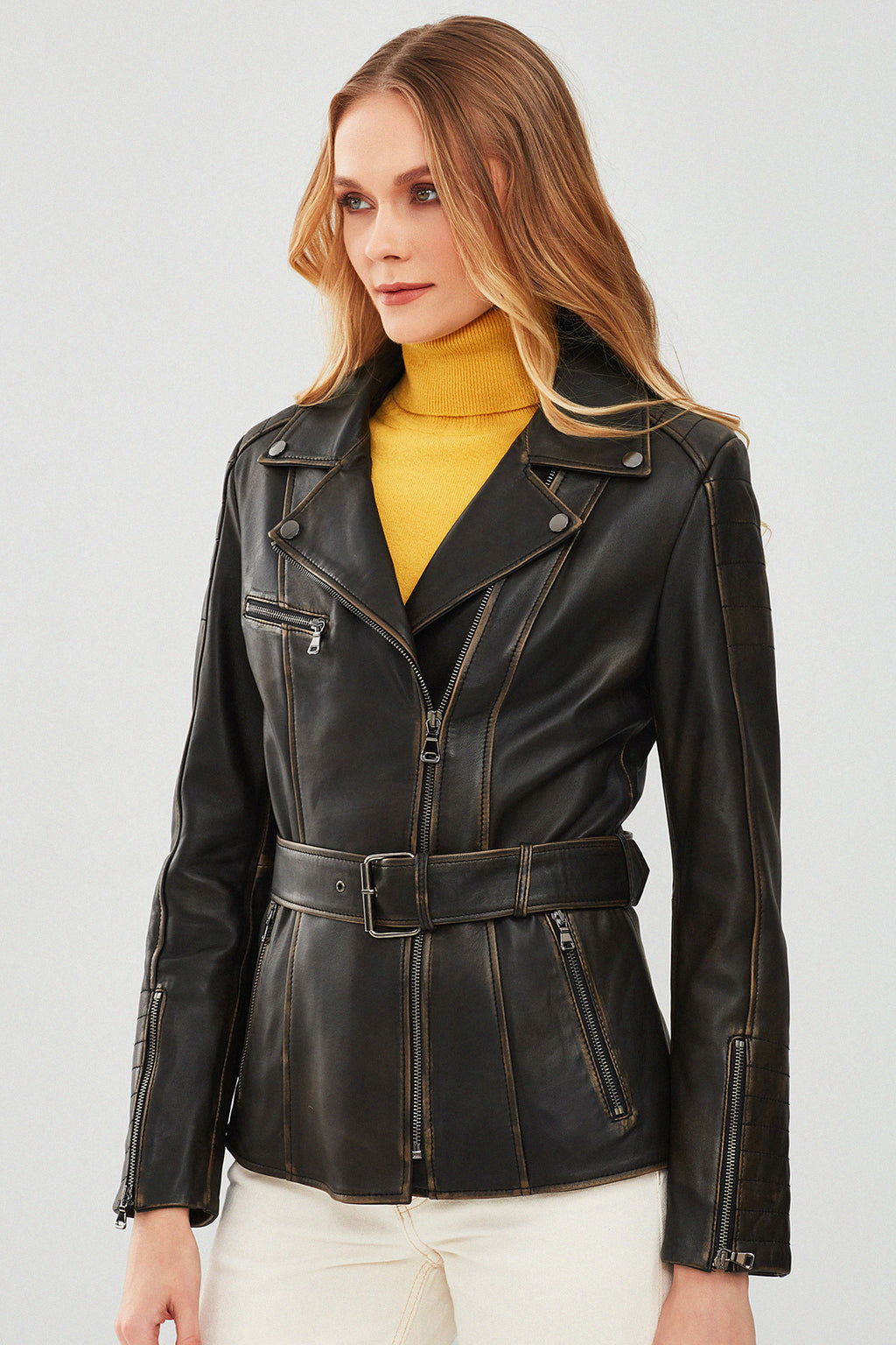 Mayfair Kadın Kahverengi Vintage Uzun Biker Deri Ceket