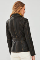 Mayfair Women's Brown Vintage Long Biker Leather Jacket | Derimod Mayfair Women's Brown Vintage Long Biker Leather Jacket | Derimod