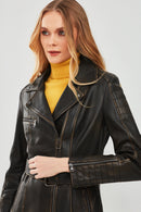 Mayfair Women's Brown Vintage Long Biker Leather Jacket | Derimod Mayfair Women's Brown Vintage Long Biker Leather Jacket | Derimod