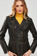 Mayfair Women's Brown Vintage Long Biker Leather Jacket | Derimod Mayfair Women's Brown Vintage Long Biker Leather Jacket | Derimod