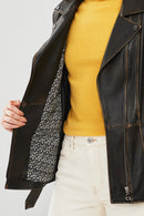 Mayfair Women's Brown Vintage Long Biker Leather Jacket | Derimod Mayfair Women's Brown Vintage Long Biker Leather Jacket | Derimod