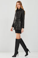 Anastasia Women's Black Leather Coat | Derimod Anastasia Women's Black Leather Coat | Derimod