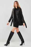 Anastasia Women's Black Leather Coat | Derimod Anastasia Women's Black Leather Coat | Derimod