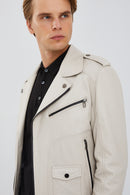 Carter Men's Beige Biker Leather Coat | Derimod Carter Men's Beige Biker Leather Coat | Derimod