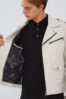Carter Men's Beige Biker Leather Coat | Derimod Carter Men's Beige Biker Leather Coat | Derimod