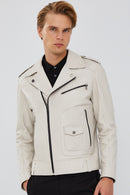 Carter Men's Beige Biker Leather Coat | Derimod Carter Men's Beige Biker Leather Coat | Derimod