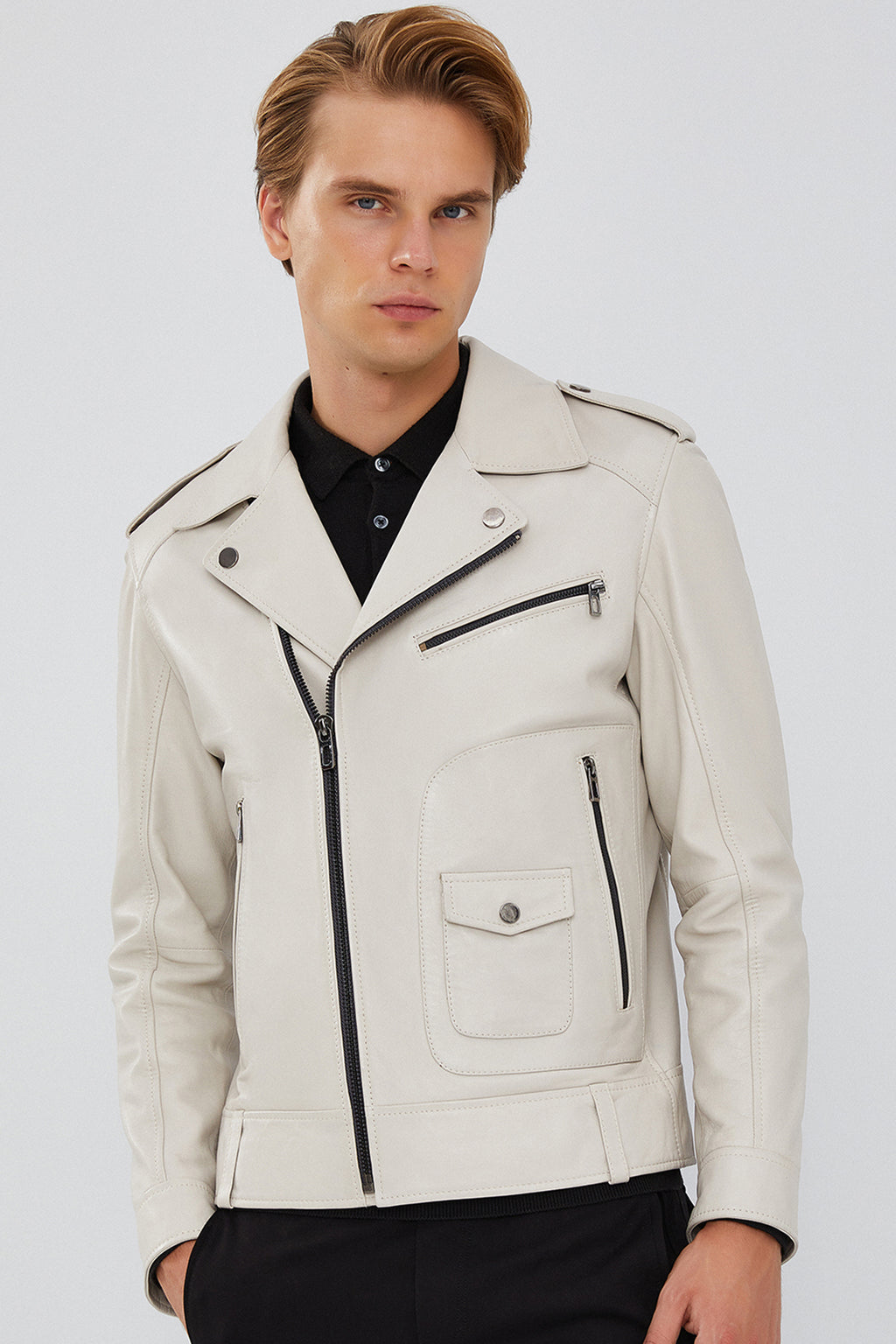 Carter Erkek Bej Biker Deri Mont