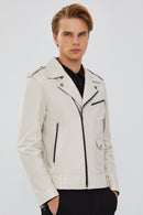 Carter Men's Beige Biker Leather Coat | Derimod Carter Men's Beige Biker Leather Coat | Derimod