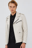 Carter Men's Beige Biker Leather Coat | Derimod Carter Men's Beige Biker Leather Coat | Derimod