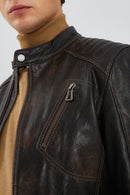 Durant Men's Brown Slim-Fit Vintage Leather Jacket | Derimod Durant Men's Brown Slim-Fit Vintage Leather Jacket | Derimod