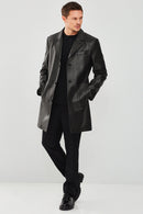 Dias Men's Black Hooded Long Leather Jacket | Derimod Dias Men's Black Hooded Long Leather Jacket | Derimod