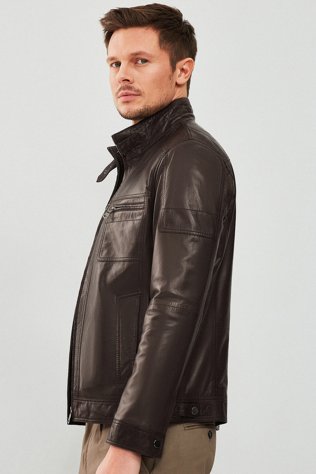 Wade Erkek Kahverengi Slim-Fit Deri Mont