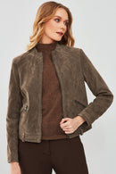 Emily Women's Mink Short Suede Leather Jacket | Derimod Emily Women's Mink Short Suede Leather Jacket | Derimod