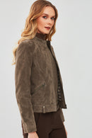 Emily Women's Mink Short Suede Leather Jacket | Derimod Emily Women's Mink Short Suede Leather Jacket | Derimod