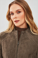 Emily Women's Mink Short Suede Leather Jacket | Derimod Emily Women's Mink Short Suede Leather Jacket | Derimod