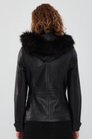 Elenor Women's Black Hooded Fur Leather Jacket | Derimod Elenor Women's Black Hooded Fur Leather Jacket | Derimod