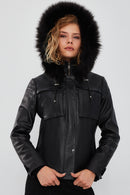 Elenor Women's Black Hooded Fur Leather Jacket | Derimod Elenor Women's Black Hooded Fur Leather Jacket | Derimod