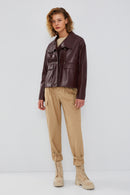 Nova Women's Burgundy Oversize Leather Jacket | Derimod Nova Women's Burgundy Oversize Leather Jacket | Derimod
