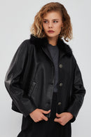 Nina Women's Black Fur Collar Oversize Leather Jacket | Derimod Nina Women's Black Fur Collar Oversize Leather Jacket | Derimod