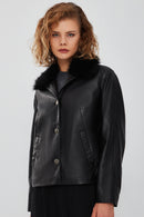 Nina Women's Black Fur Collar Oversize Leather Jacket | Derimod Nina Women's Black Fur Collar Oversize Leather Jacket | Derimod