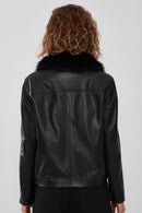 Nina Women's Black Fur Collar Oversize Leather Jacket | Derimod Nina Women's Black Fur Collar Oversize Leather Jacket | Derimod