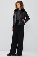 Nina Women's Black Fur Collar Oversize Leather Jacket | Derimod Nina Women's Black Fur Collar Oversize Leather Jacket | Derimod