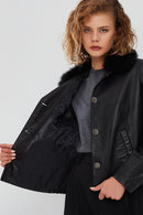 Nina Women's Black Fur Collar Oversize Leather Jacket | Derimod Nina Women's Black Fur Collar Oversize Leather Jacket | Derimod