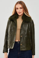 Nina Women's Green Collar Furry Oversize Printed Leather Jacket | Derimod Nina Women's Green Collar Furry Oversize Printed Leather Jacket | Derimod