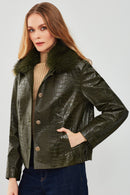 Nina Women's Green Collar Furry Oversize Printed Leather Jacket | Derimod Nina Women's Green Collar Furry Oversize Printed Leather Jacket | Derimod