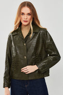 Nina Women's Green Collar Furry Oversize Printed Leather Jacket | Derimod Nina Women's Green Collar Furry Oversize Printed Leather Jacket | Derimod