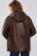 Greta Women's Brown Hooded Leather Coat | Derimod Greta Women's Brown Hooded Leather Coat | Derimod