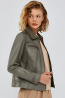 Hera Women's Green Short Leather Jacket | Derimod Hera Women's Green Short Leather Jacket | Derimod