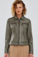 Hera Women's Green Short Leather Jacket | Derimod Hera Women's Green Short Leather Jacket | Derimod