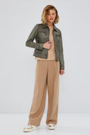 Hera Women's Green Short Leather Jacket | Derimod Hera Women's Green Short Leather Jacket | Derimod