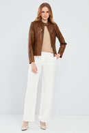 Lucky Women's Camel Sport Short Leather Jacket | Derimod Lucky Women's Camel Sport Short Leather Jacket | Derimod