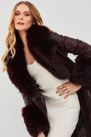 Penelope Women's Burgundy Fur Leather Coat | Derimod Penelope Women's Burgundy Fur Leather Coat | Derimod